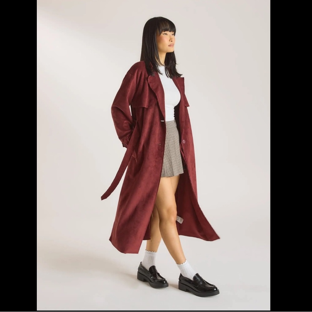 NWT LOUNGE Suedette Trench Coat in Burgundy